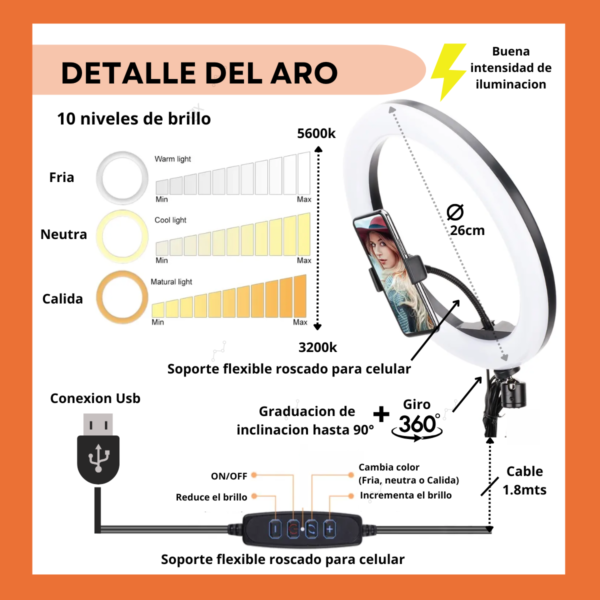 Aro De Luz Profesional 26cm Para Foto Video Streaming Camara - Image 2