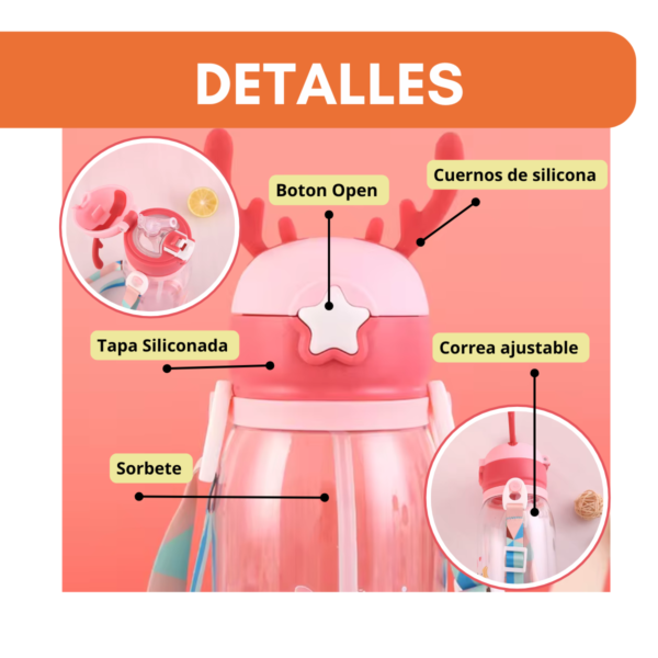 Botella De Agua Infantil 500ml Reno Pico Silicona Con Correa - Image 2
