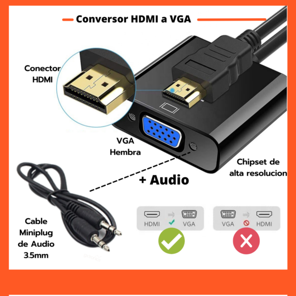 Cable Adaptador Hdmi A Vga Conversor Pc Tv Monitor + Audio - Image 3