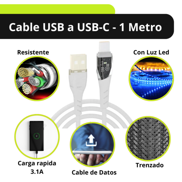 Cable De Carga Rapida 3.1 A Usb A Tipo C Con Luz Led Mallado - Image 2