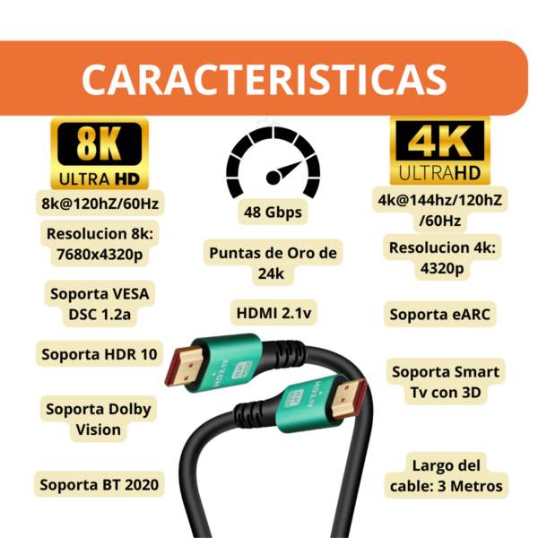 Cable Hdmi 4k 8k Uhd 3d 144hz 120hz 60hz V2.1 Puntas Oro 3mt - Image 2