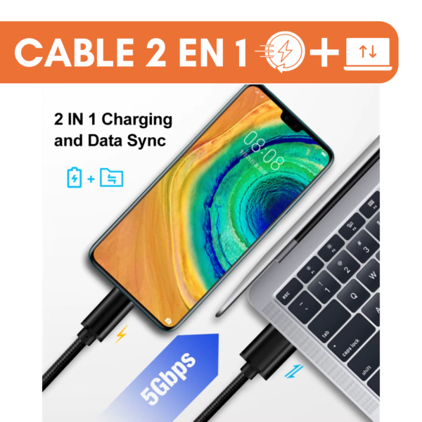 Cable Usb A Usb Tipo C Mallado 3.0 Carga Rapida 60w 3a Y Datos Alta Velocidad 5gbps De 1 Metro Color Plateado - Image 2