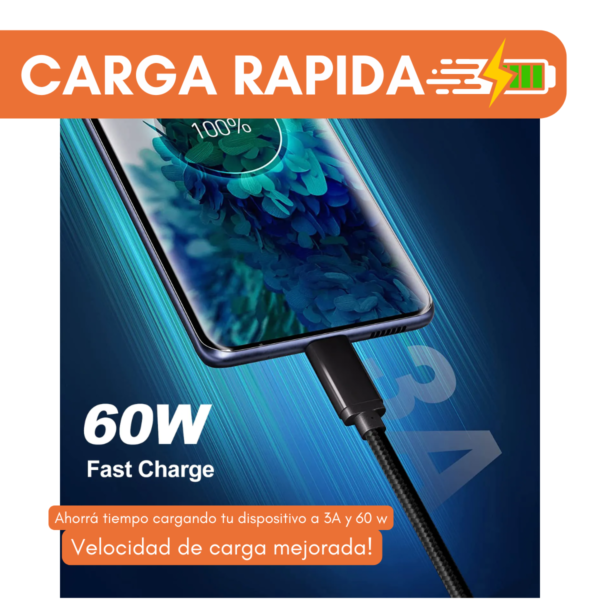 Cable Usb A Usb Tipo C Mallado 3.0 Carga Rapida 60w 3a Y Datos Alta Velocidad 5gbps De 1 Metro Color Plateado - Image 3