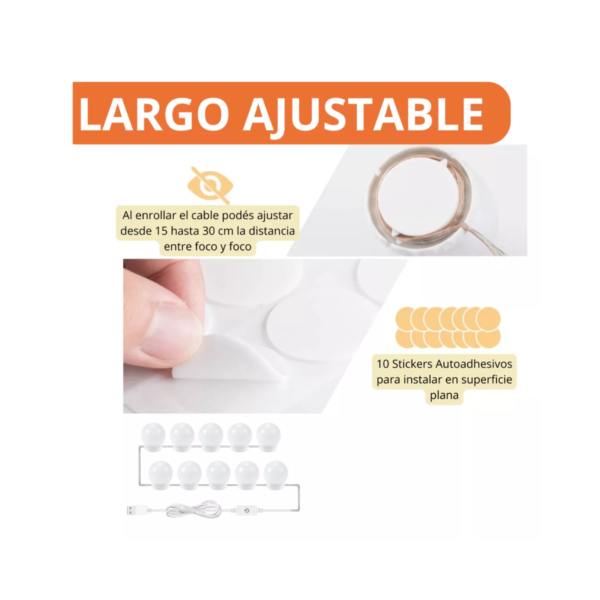 Kit 10 Focos Tira De Lamparas Luz Led Espejo Usb Maquillaje - Image 3