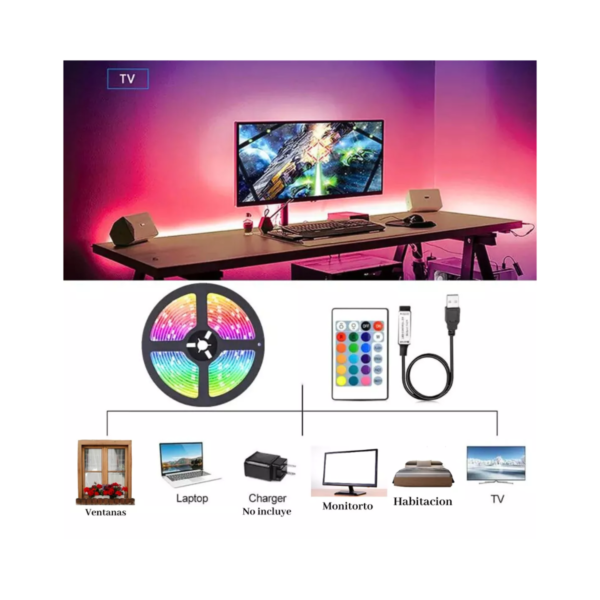 Kit Tira Luz Led Rgb 3m Tv Pc Control Remoto Exterior Tuning - Image 6