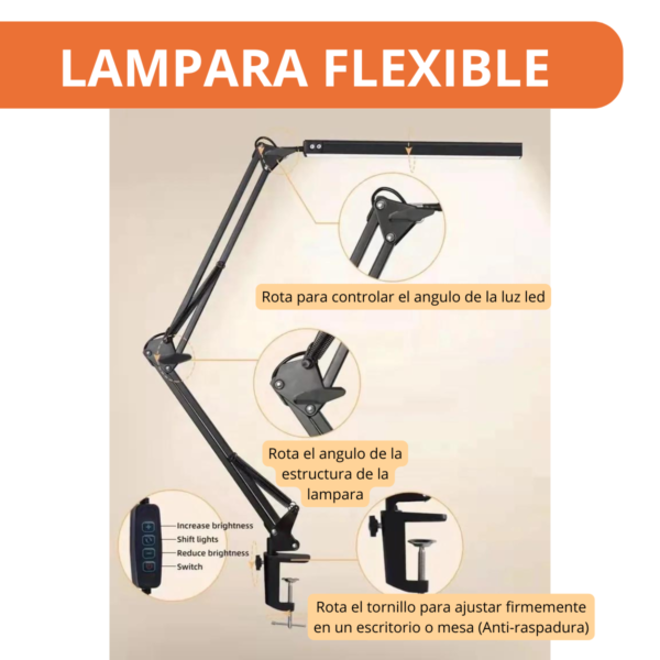 Lámpara de Escritorio LED Plegable con Clip - 3 Colores, USB, Brazo Largo - Image 3