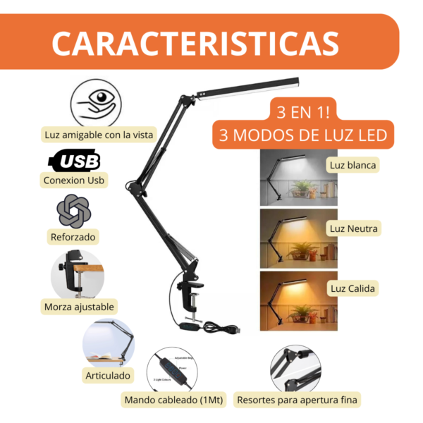 Lámpara de Escritorio LED Plegable con Clip - 3 Colores, USB, Brazo Largo - Image 2