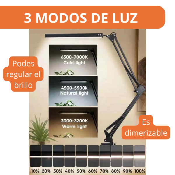Lámpara de Escritorio LED Plegable con Clip - 3 Colores, USB, Brazo Largo - Image 4
