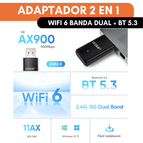 Adaptador Wifi Usb Dual Band 900mbps 2.4 5g Bluetooth 5.3 Pc - Image 2