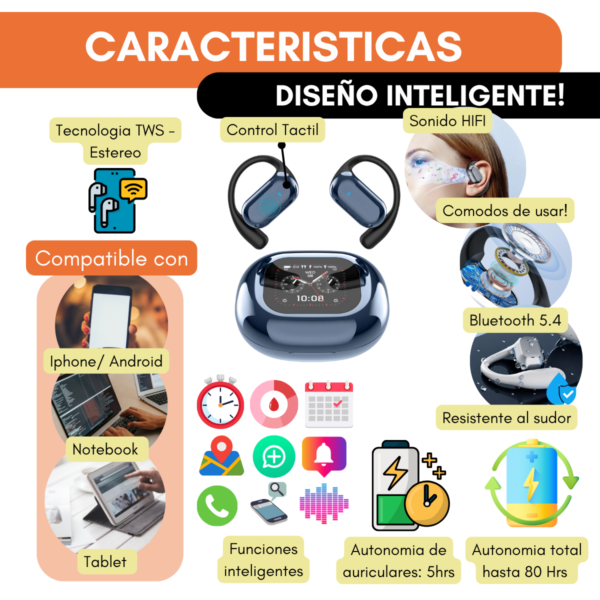 Auriculares Bluetooth 5.4 Open Ear Tactil + Estuche Smart - Image 3