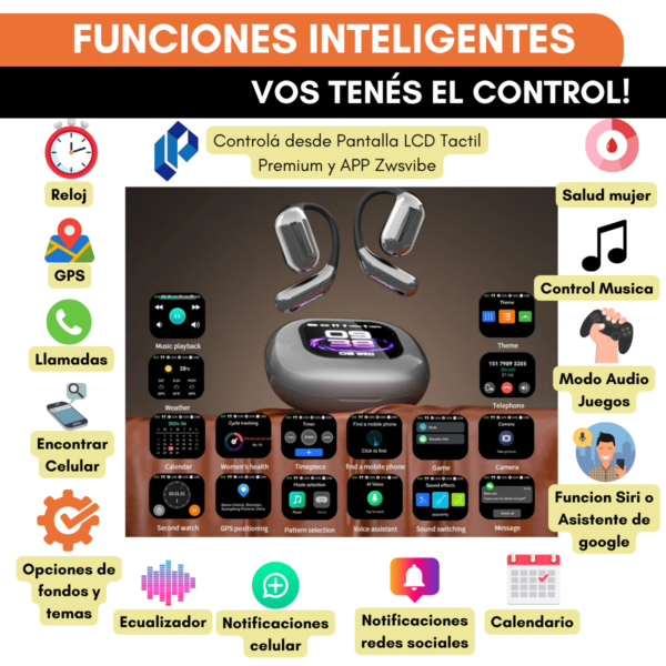 Auriculares Bluetooth 5.4 Open Ear Tactil + Estuche Smart - Image 4
