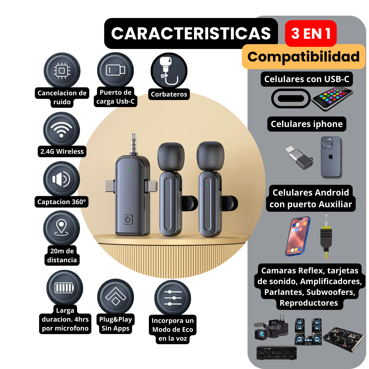 2 Microfonos Inalambricos Corbatero 3 En 1 Trrs Usb Tipo C Celular Compatible Con iPhone iPad Android Grabar Videos Entrevistas Podcast Streaming Sx26 Gxtronics - Image 2